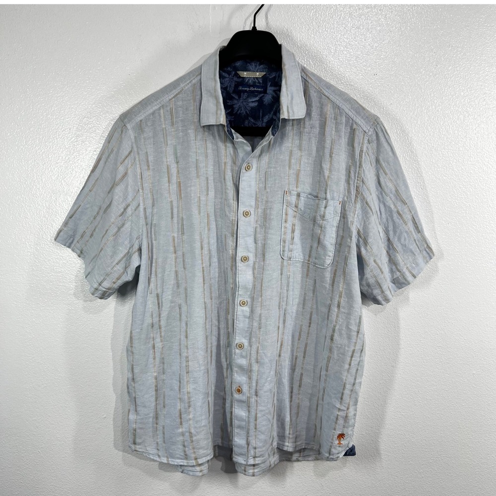 Tommy Bahama Men's XL Linen EcoVero Blend Striped Short Sleeve Camp Shirt Gray